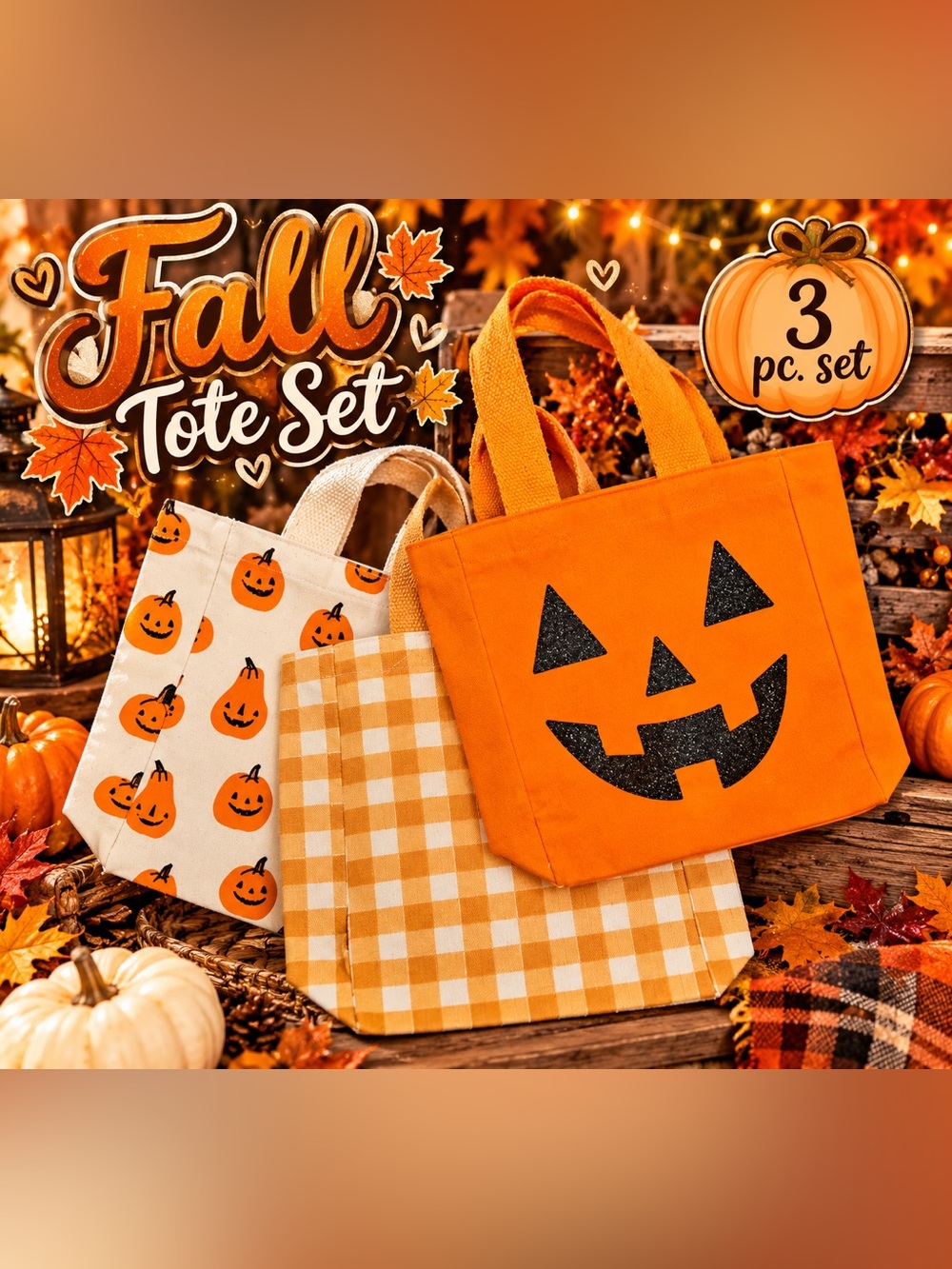 Seasonal Pumpkin Trio Tote Set - Orange & Cream Fall Bags